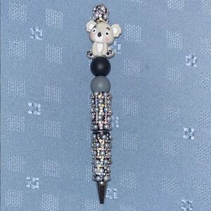 Koala Handmade Charm Gray Beaded Pen with Rhinestone and Pearl Accents